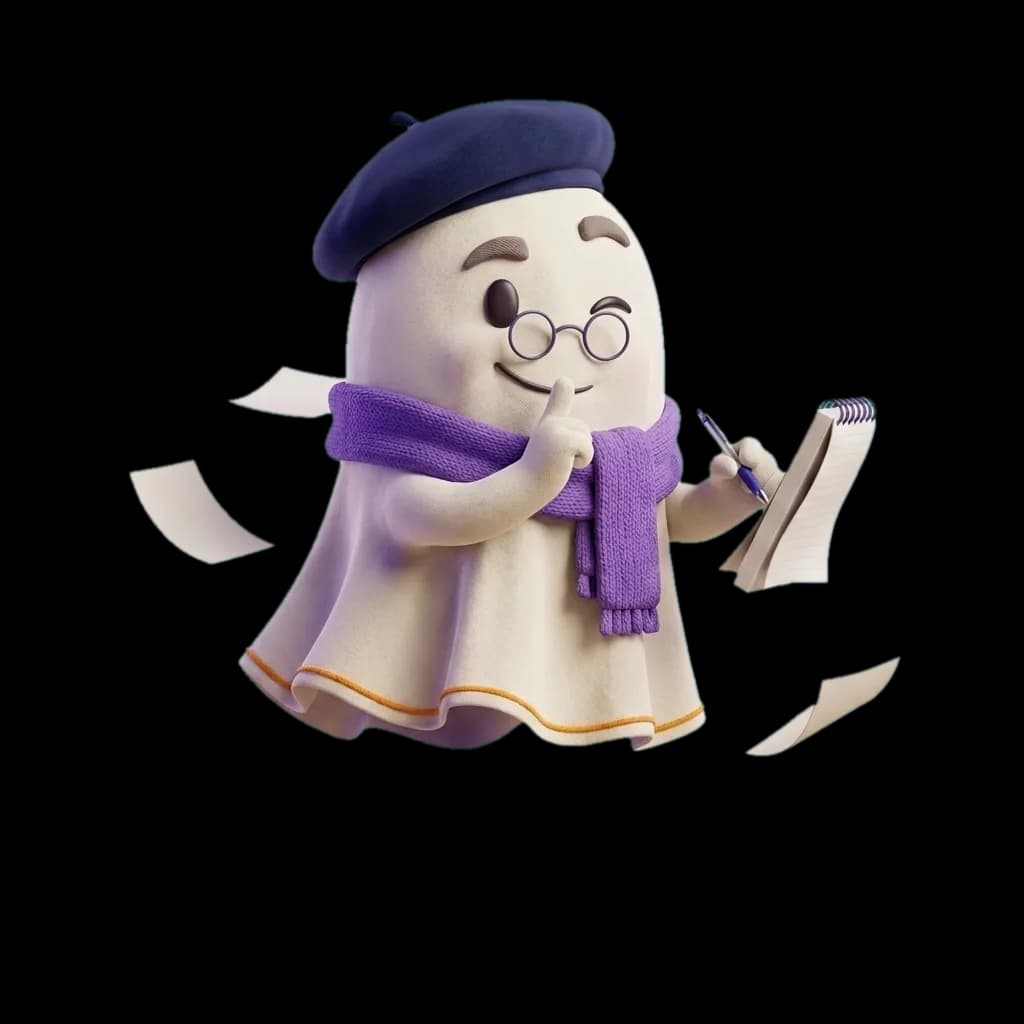 Vulto, o fantasminha ghostwriter do PromptMestre, escrevendo e fazendo sinal de segredo