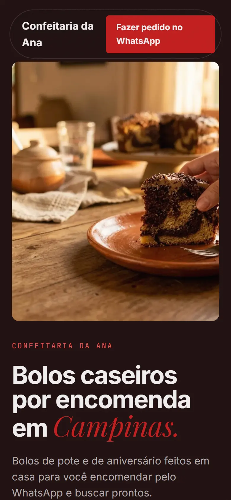 Página de exemplo no estilo Luxo Noturno, vista no celular