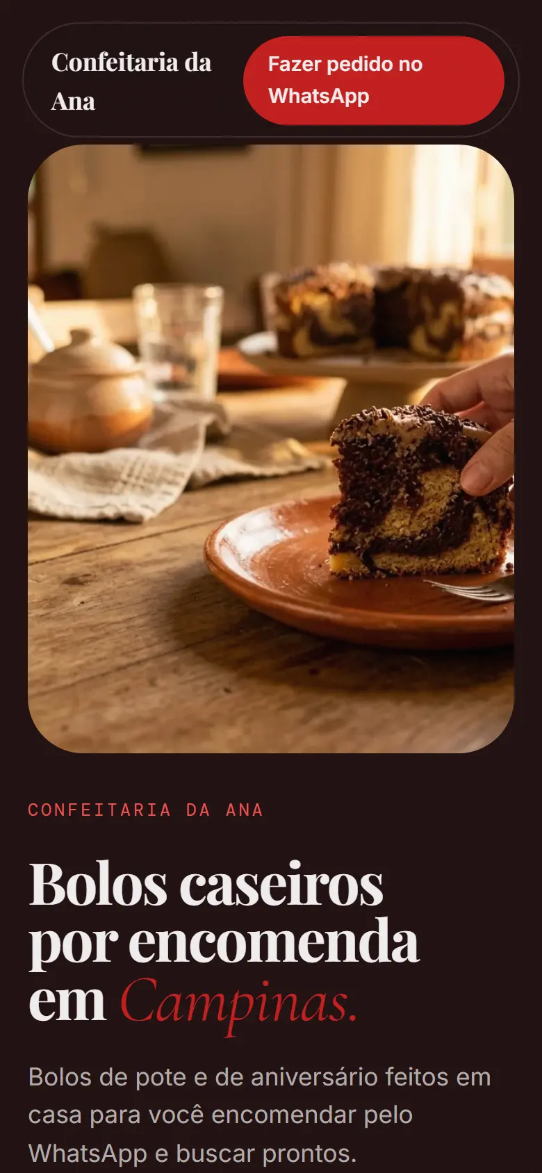 Página de exemplo no estilo Mesa & Brasa, vista no celular